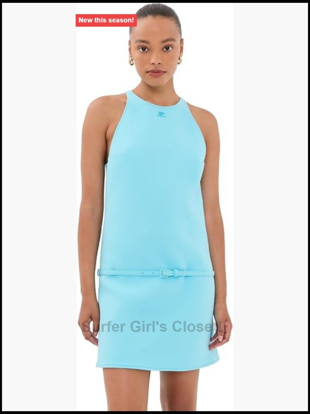 A-Line Belted Twill Mini Dress Sleeveless Crew Neck Hidden Zip